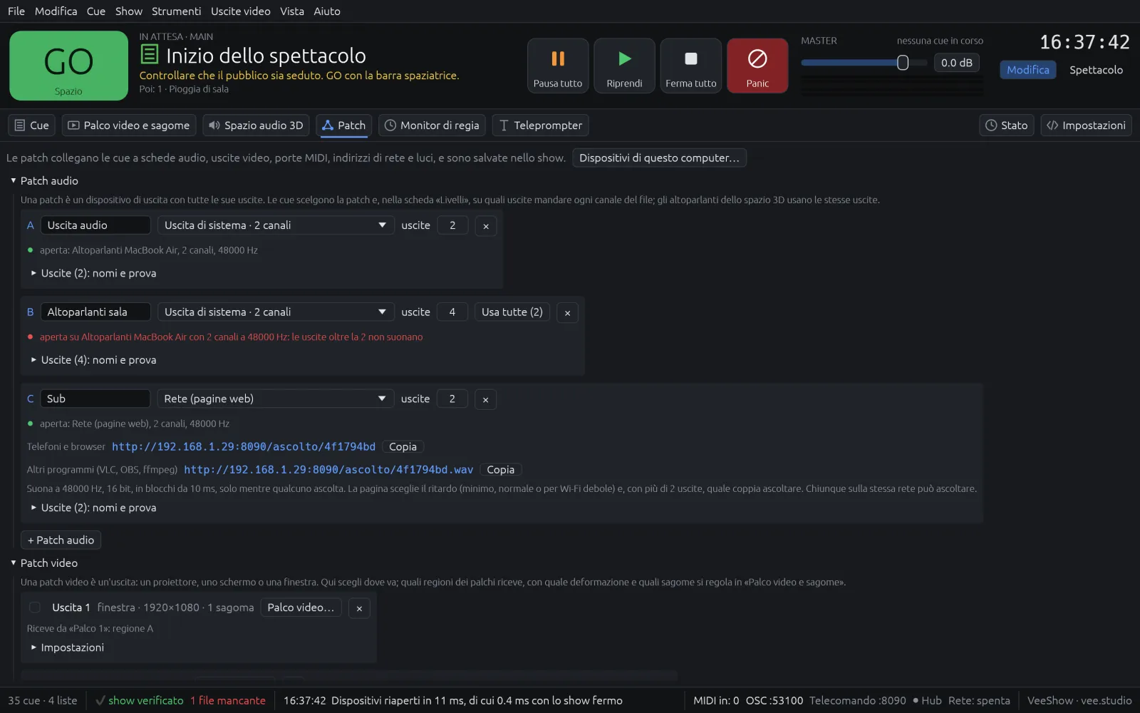 Vista Patch con una patch audio sul dispositivo Rete e gli indirizzi per ascoltarla da browser e da altri programmi