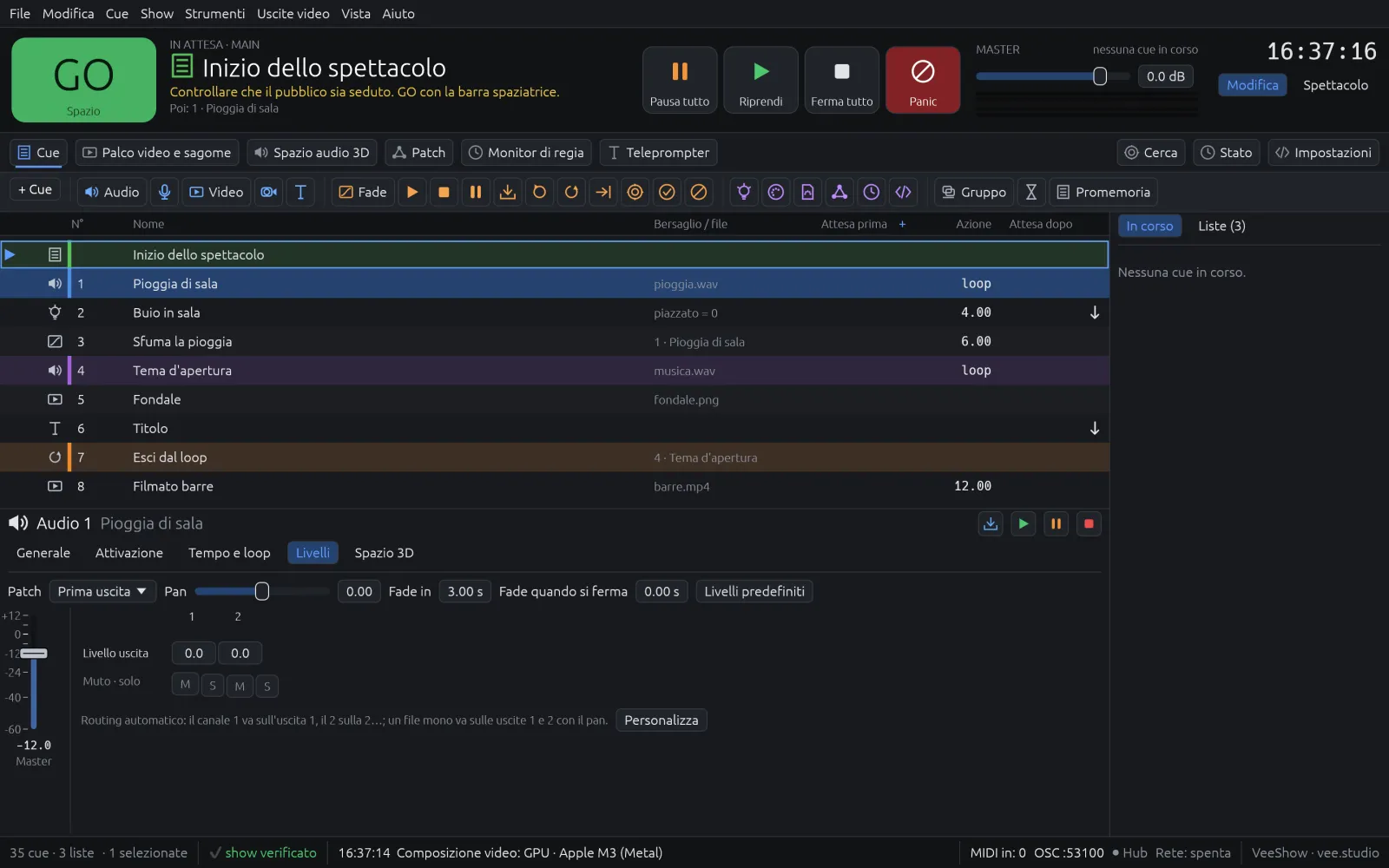 Scheda Livelli di una cue audio con la matrice tra i canali del file e le uscite della patch