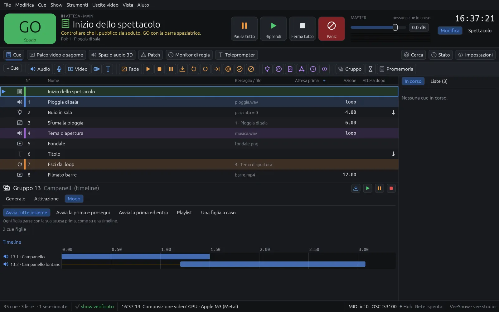 Lista delle cue con un gruppo in modo timeline: due cue audio sovrapposte nel tempo