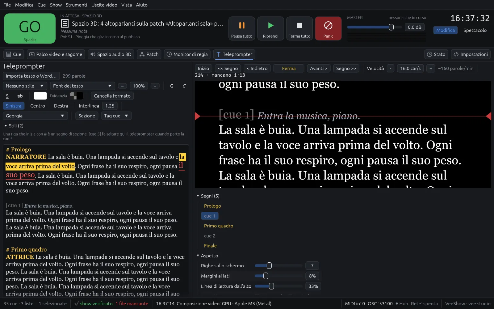 Teleprompter: editor con testo formattato a sinistra e anteprima di lettura con la linea di lettura a destra